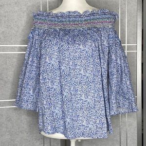 Grand & Greene Top Womens L Blue Multicolor Ditsy Floral Off Shoulder Blouse New